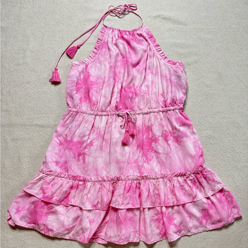 Majorelle Pink Baker Tie Dye Halter Ruffle‎ Tassels Mini Dress XL - Picture 2 of 8